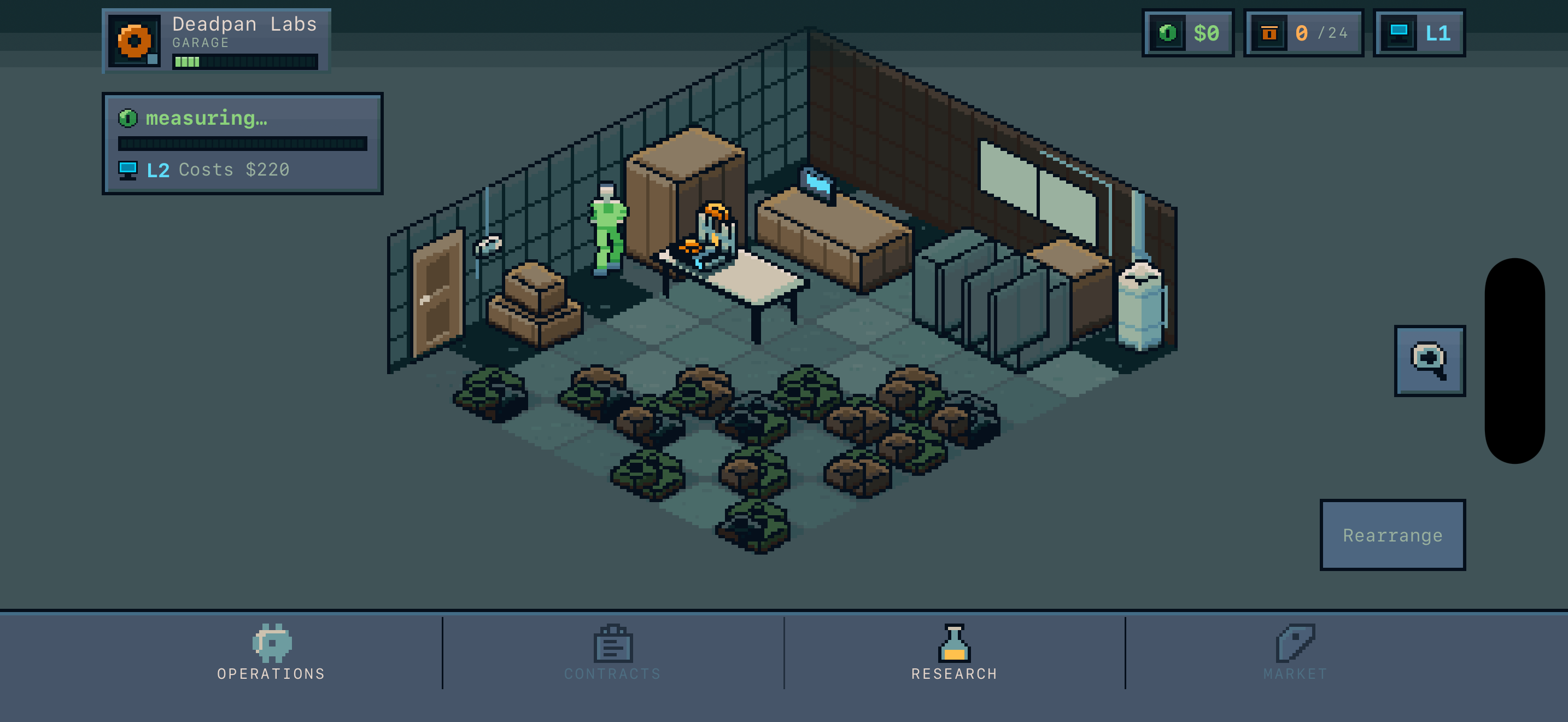 The opening screen of Spoolbound: a small isometric garage with a single 3D printer on a trestle table, the floor covered in fourteen piles of junk, and a wallet reading zero dollars.