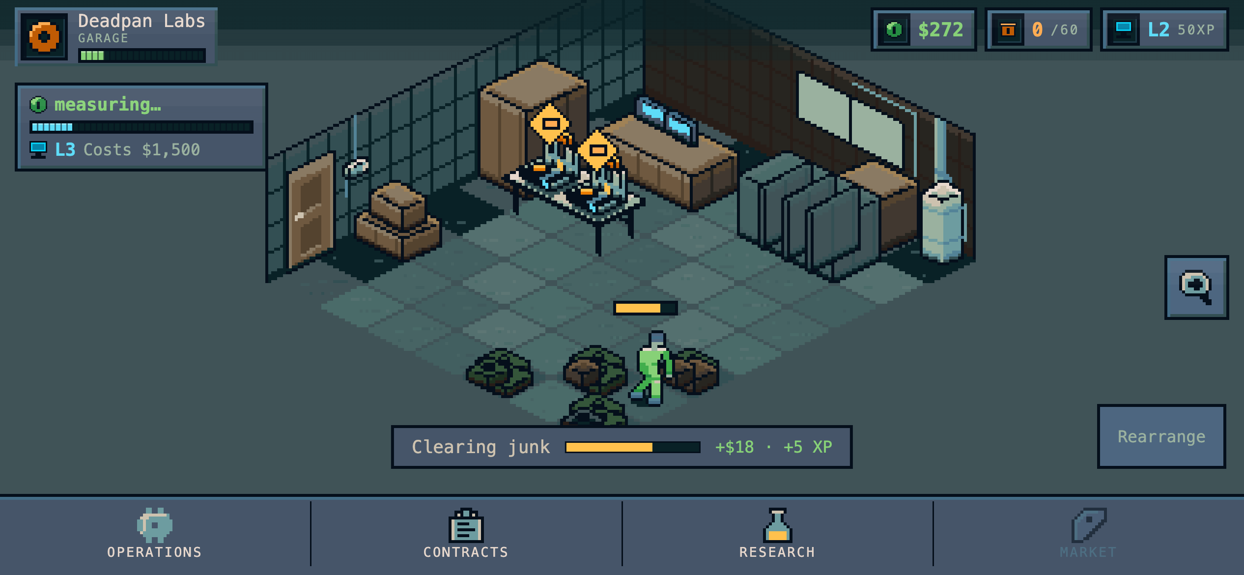 The garage after eight minutes of play: two printers running on a bench, most of the junk cleared, the character clearing another tile for eighteen dollars.