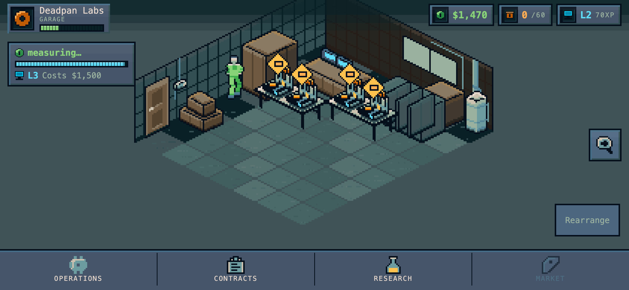 The same garage later: four printers running across two benches, no junk left on the floor, $1,470 in the bank.